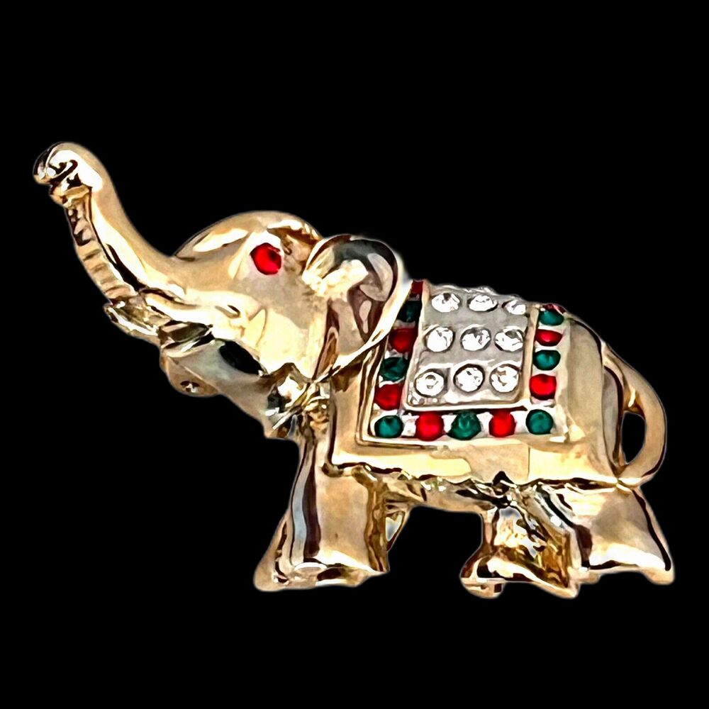 Vintage 1980s Elephant Brooch Red Green Rhinestone Gold Tone Figural Pin - 9A